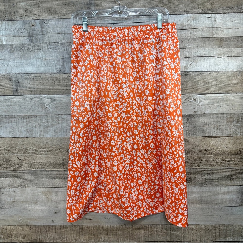 Loft Outlet‎ Petite Orange White Floral Side Slit Button Midi Skirt MP - Picture 3 of 6